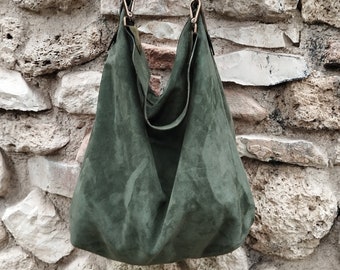 Handmade green suede hobo bag