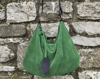 Handmade soft green suede hobo bag