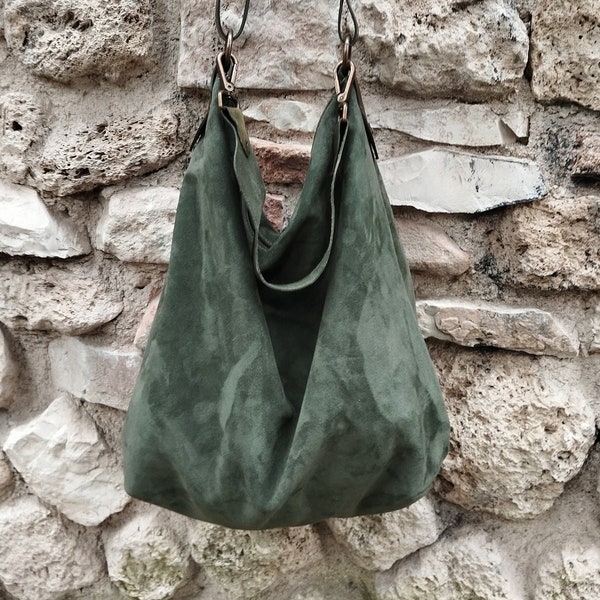 Handmade green suede hobo bag