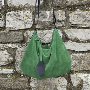 Handmade soft green suede hobo bag