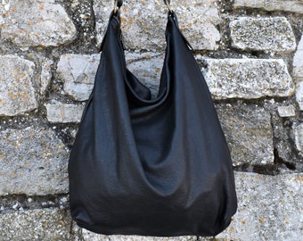 Handmade black soft leather hobo bag