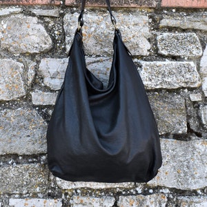 Handmade black soft leather hobo bag