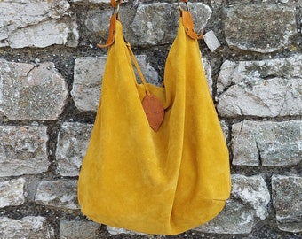 Handmade yellow suede hobo bag