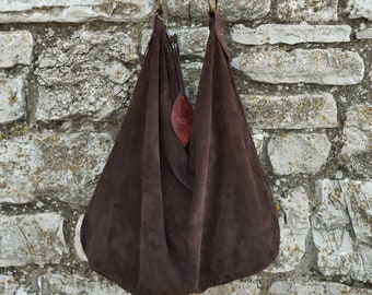 Sac à bandoulière en cuir suédé marron/ Sac en daim avec zip/ Sac Hobo