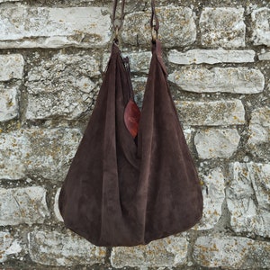 Handmade brown suede hobo bag