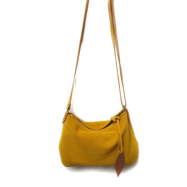 Yellow suede soft crossbody bag / Mini hobo bag