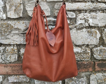 Handmade tobacco leather hobo bag