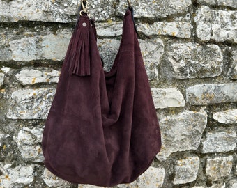 Handmade aubergine suede hobo bag with leather shoulder belt