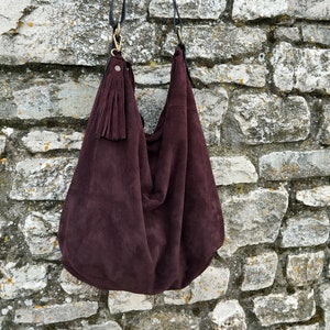 Handmade aubergine suede hobo bag with leather shoulder belt