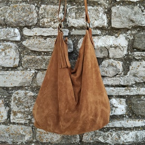 Handmade camel suede hobo bag with leather shoulder belt