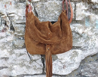 Brown tobacco suede crossbody bag Hobo bag Women bag Suede bag Leather bag