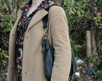 Handmade black leather medium size hobo bag