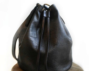 Handmade black leather bucket bag