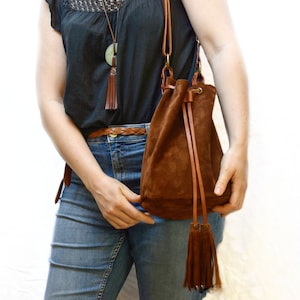 Handmade cognac suede bucket bag