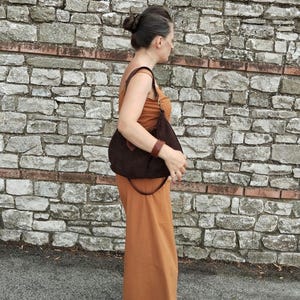 Handmade dark brown soft sude hobo bag