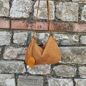 Shoulder bag in soft ocher yellow suede / Mini hobo bag