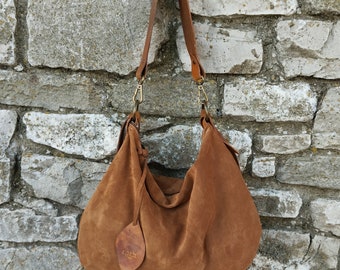 Handmade camel suede hobo bag