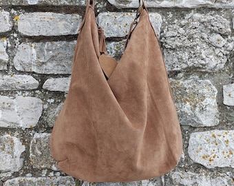 Handmade  tan suede hobo bag with tan suede shoulder belt