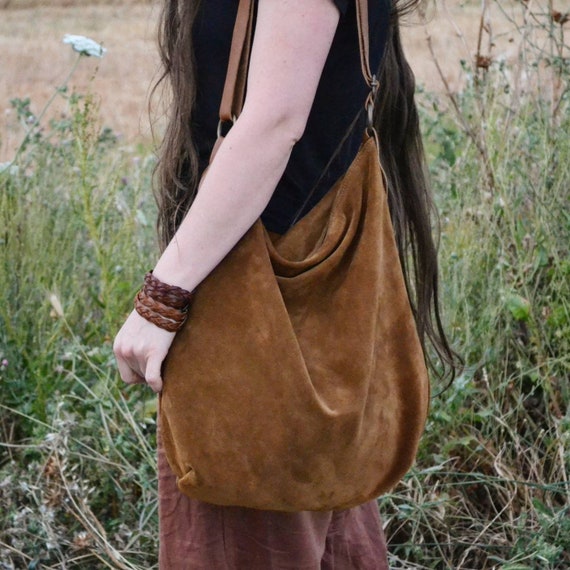 Handmade Tobacco Brown Suede Hobo Bag With Leather Shoulder 