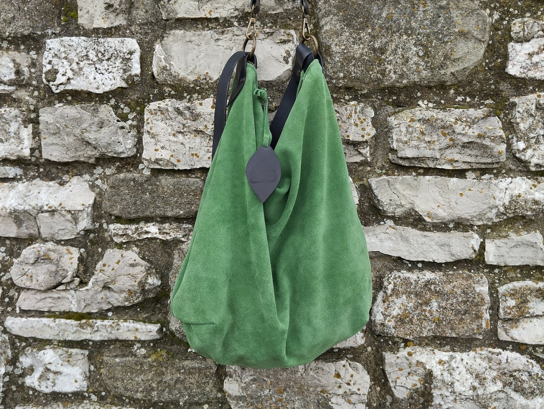 Handmade Green Suede Hobo Bag With Black Leather Shoulder