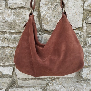 Handmade cognac soft suede hobo bag