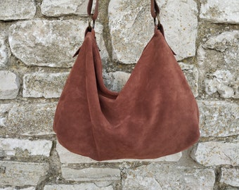 Handmade cognac soft suede hobo bag
