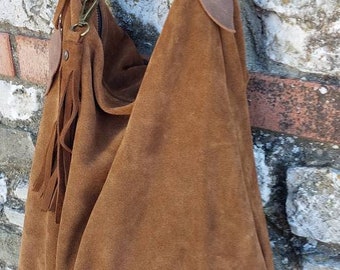 Handmade Tobacco Brown Suede Hobo Bag With Leather Shoulder 