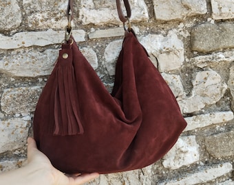 Handmade cognac soft suede hobo bag