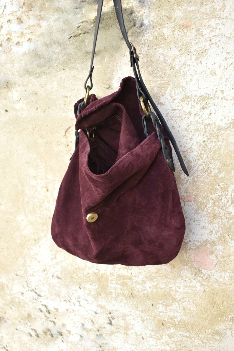 Aubergine colour suede crossbody bag Suede bag image 2