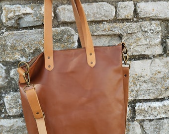 Handmade leather tote bag / leather tote zipper / brown leather handbag