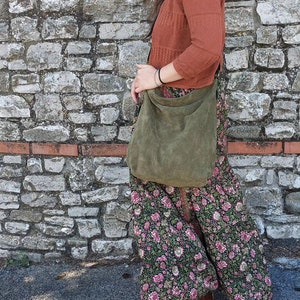 Handmade green suede hobo bag with leather shoulder belt