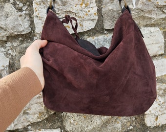 Handmade aubergine colour suede hobo bag