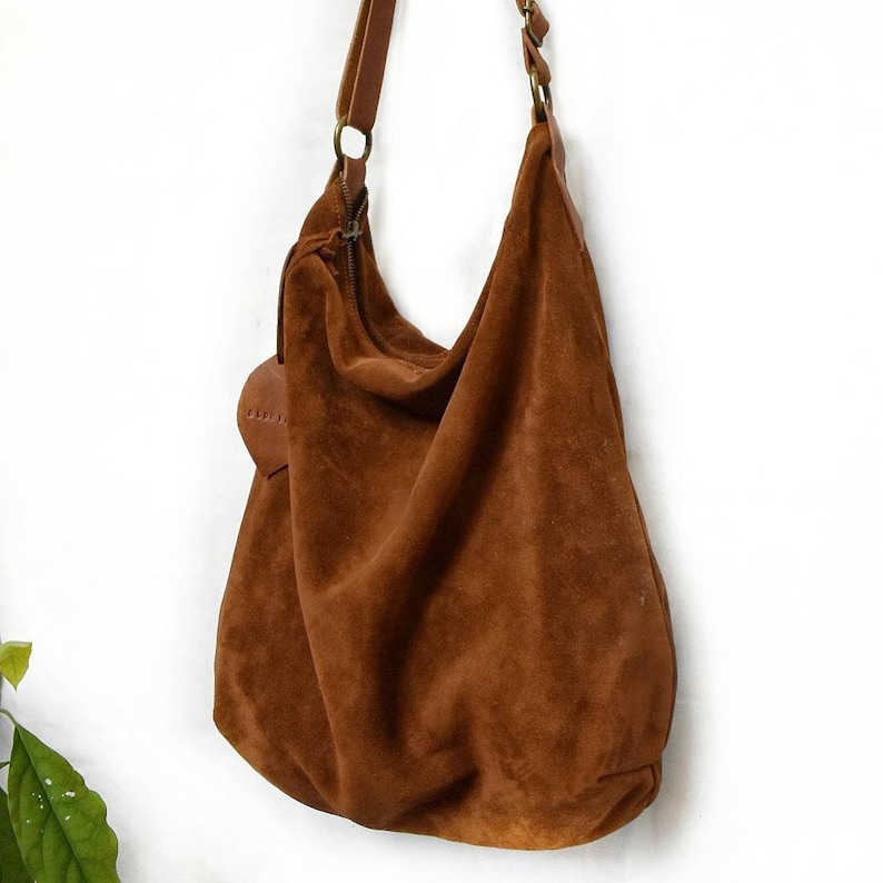 Handmade brown cognac suede hobo bag with leather shoulder Etsy