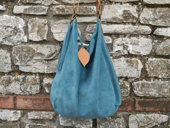 Handmade Blue Suede Hobo Bag With Tan Leather Shoulder Belt Etsy Canada