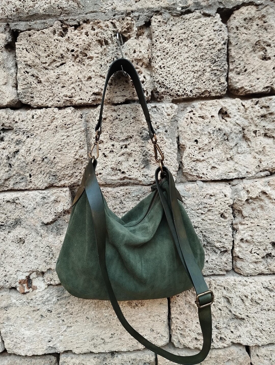Handmade Olive Green Soft Suede Hobo Bag