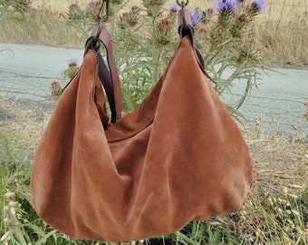 Handmade tobaco soft sude hobo bag