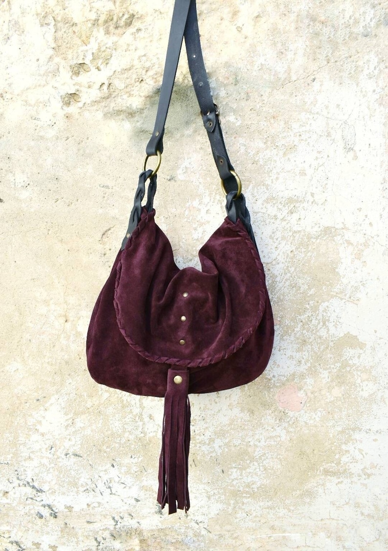 Aubergine colour suede crossbody bag Suede bag image 1