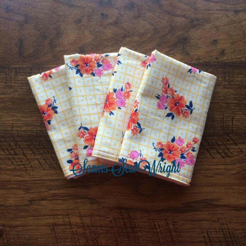 Yellow Check Floral cloth napkins Etsy