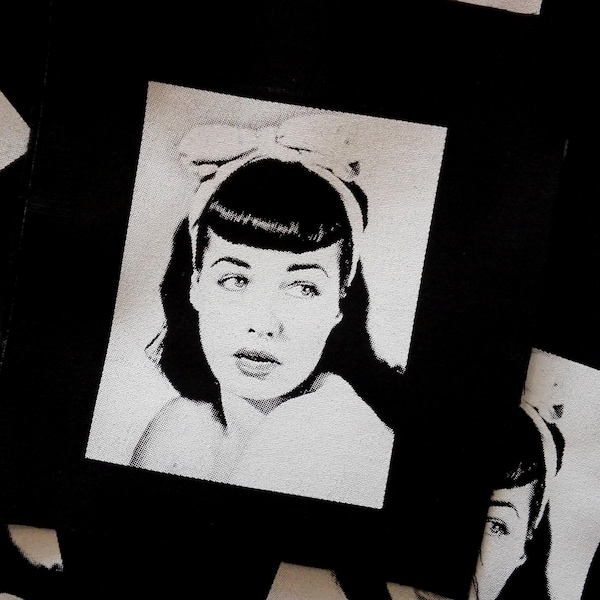 Bettie Page patch / white print on black cotton twill / 8,5  11 CM / pin up /