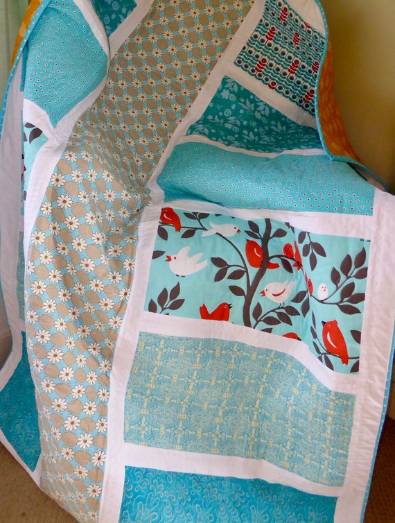 Large hexagon quilt Handmade quilt. Red and turquoise throw quilt