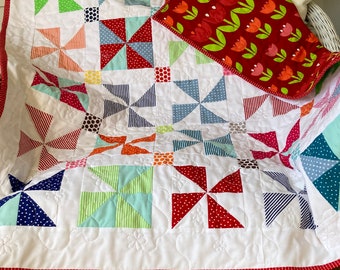 Handmade modern patchwork cotton baby quilt, cot quilt, quilted playmat