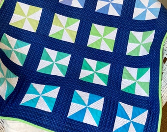 Modern handmade boy's patchwork baby quilt, 35x29" (89x74cm)