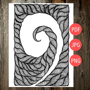 Op de afbeelding: Een zwart-witte lijntekening van een spiraalvormig patroon. De spiraal is gemaakt van veel overlappende lijnen die een gevoel van diepte en beweging creëren.