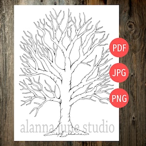 May include: A black and white line drawing of a bare tree with branches extending out in all directions. The tree is on a white background with the text "alannature studio" at the bottom. The words "PDF", "JPG", and "PNG" are in red circles on the right side of the image.