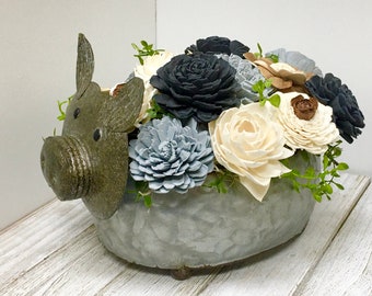 Flowers in a Pig Planter, Sola wood Arrangement, Keepsake Gift, Pig Arrangement