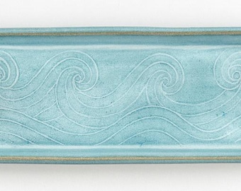Handmade Ocean Wave Pottery Tray – 11.5” Ceramic Serving Dish, Sushi Plate, Coastal Home Decor