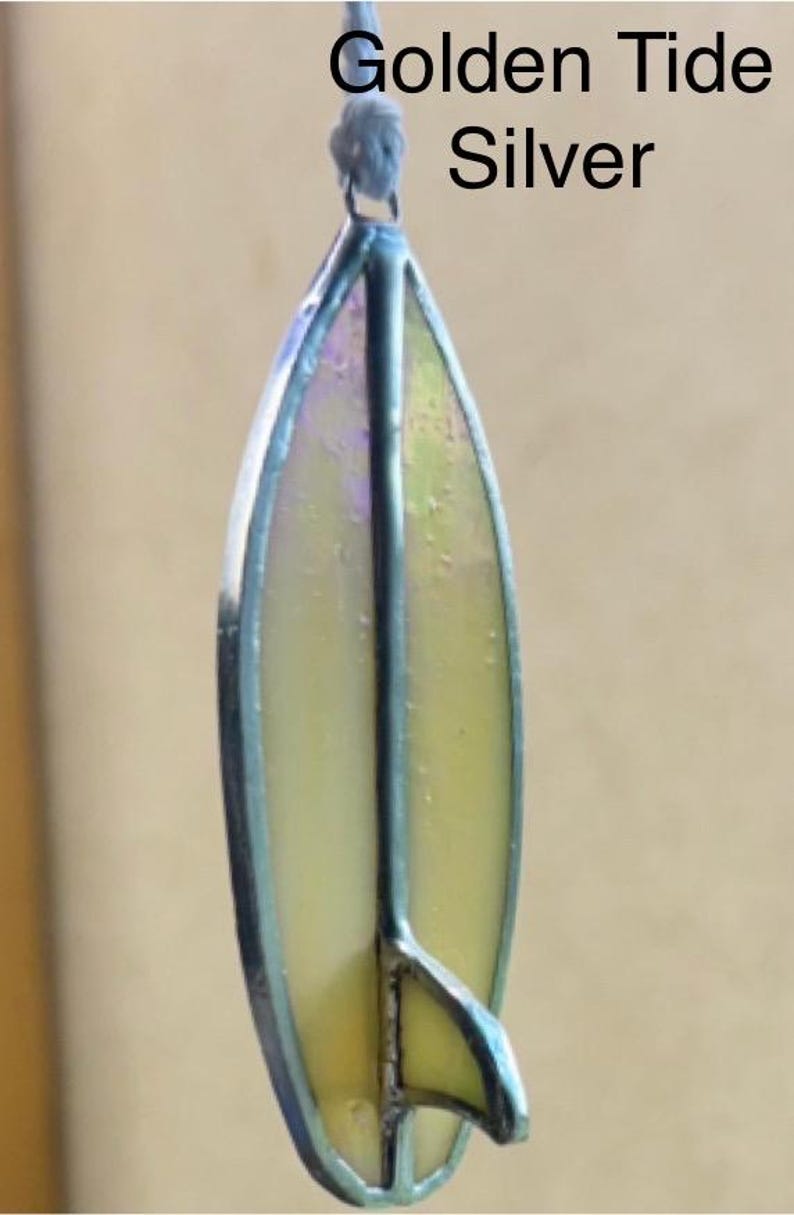 Handmade Surfboard Car Charm | Stained Glass Surfboard | Gift for Surfers Golden Tide Silver