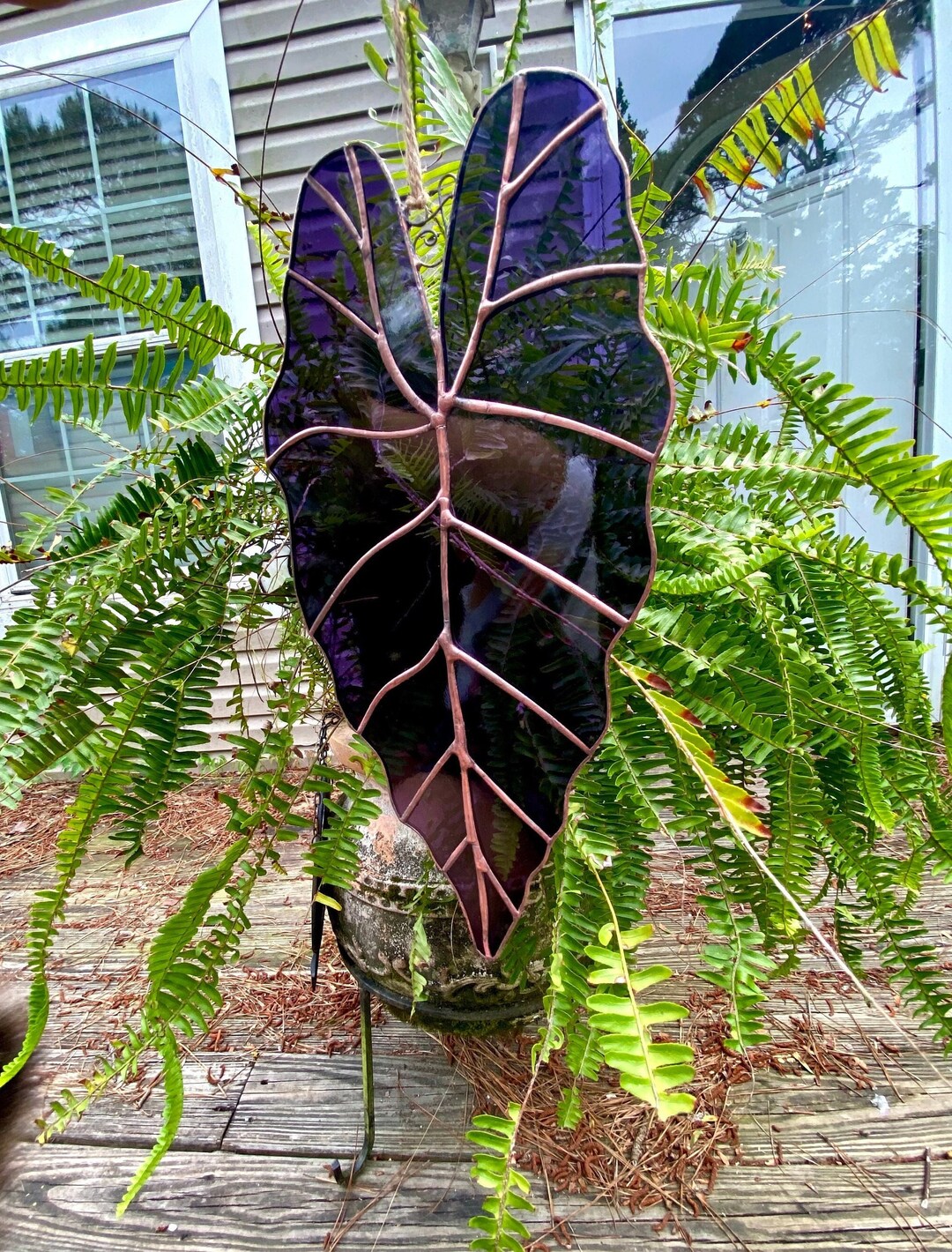 Handmade Stained Glass Alocasia Leaf Suncatcher: Purple Elephant