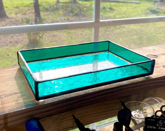 Stained Glass Tray, Handmade Glass Tray, Teal Trinket Dish, Dresser