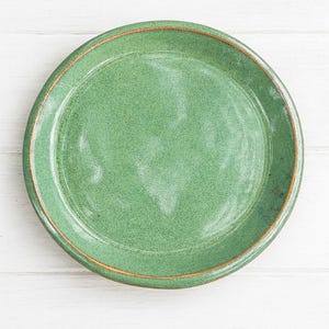 May include: A round, green ceramic plate with a speckled texture. The plate has a slightly raised rim with a brown edge. The plate is centered on a white wooden surface.
